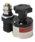 Stable Magnetic Welding Ground Clamp With Switch OnOff Copper Holder And Adjustable Iron Base close-up view, showing bronze connector and black knob.