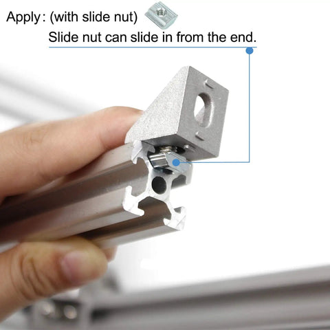 Close-up of hand installing 20 Sets 2020 Aluminum Extrusion T Slot Corner Brackets Kit With 40 M5 Bolts Nuts on aluminum rail