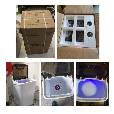 Supercompact Portable Washer And Dryer Combo unboxed showing compact design, top view with blue light and operating controls.