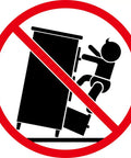 Safety warning symbol for a tilting cabinet with child, highlighting secure placement of the Durable Solid Pine Wood 4 Tier Book Cabinet Shelf.