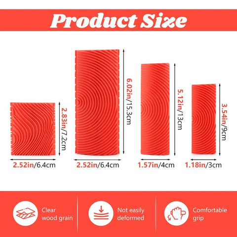 Wood Grain Tool Set 4 Pcs Rubber Graining Rollers For Realistic Wood Texture, Pattern Embossing Roller Kit sizes shown in inches
