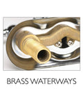 Close-up of brass waterways in Torino Classic Modern 2 Handle Kitchen Faucet With Side Sprayer Satin Nickel Finish 4 Hole Deck Mount 1.8 GPM Dual Handles For Easy Temperature Control Built To Last For Everyday Kitchen Tasks