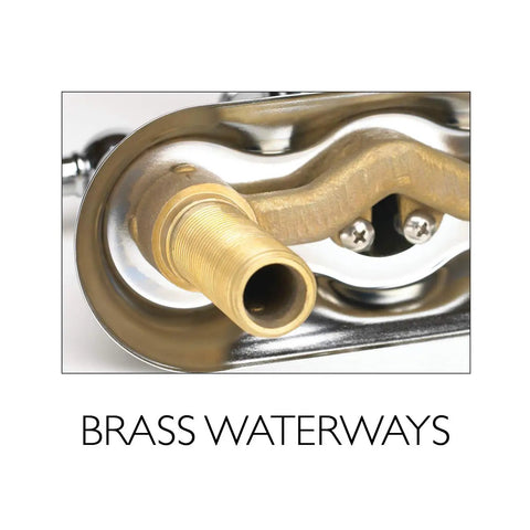 Close-up of brass waterways in Torino Classic Modern 2 Handle Kitchen Faucet With Side Sprayer Satin Nickel Finish 4 Hole Deck Mount 1.8 GPM Dual Handles For Easy Temperature Control Built To Last For Everyday Kitchen Tasks