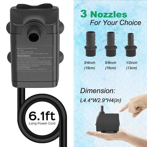 Submersible Water Pump Ultra Quiet 660 GPH 2500 L Per Hour 45W Fountain Pump with 3 nozzle sizes and 6.1ft power cord