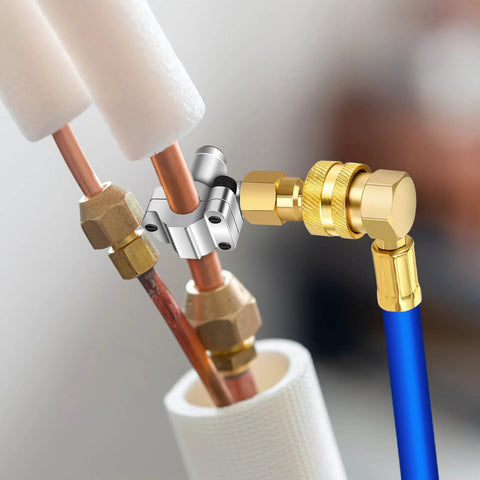 Close-up of piercing valve assembly for refrigerator HVAC line; brass fittings, copper tubing, blue hose.