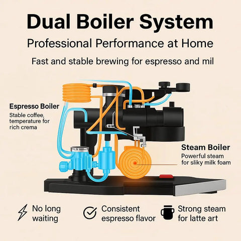 Straight Fire Dual Boiler Espresso Machine With Integrated Grinder And 58Mm Portafilter For Semi Auto Brews with dual boiler system and piping showcased.