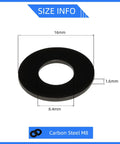 Get These Steadefixen Carbon Steel Flat Washers For M8 Bolts With Black Oxidized Finish And Grade 8.8 Alloy Steel Build Perfect Fits Heavy Duty Mechanical Jobs And Industrial Repairs Without Breaking The Bank Or Dealing With Rusty Junk Today. M8 Carbon Steel flat washer, 16mm OD, 1.6mm thick, black finish.