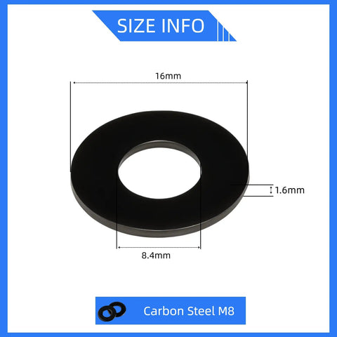 Get These Steadefixen Carbon Steel Flat Washers For M8 Bolts With Black Oxidized Finish And Grade 8.8 Alloy Steel Build Perfect Fits Heavy Duty Mechanical Jobs And Industrial Repairs Without Breaking The Bank Or Dealing With Rusty Junk Today. M8 Carbon Steel flat washer, 16mm OD, 1.6mm thick, black finish.