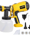 Brushless HVLP Cordless Paint Sprayer, yellow and black design, with 1200ML cup and 4 nozzles, compatible with 20V batteries, tool only