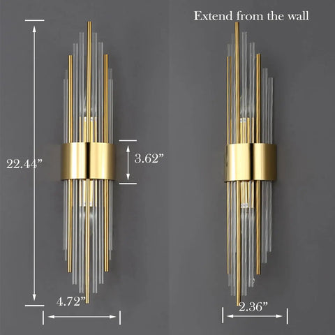 Two Light Modern Wall Sconce In Brushed Titanium Gold With Clear Glass Crystal Luxury Wall Light Fixtures dimensions
