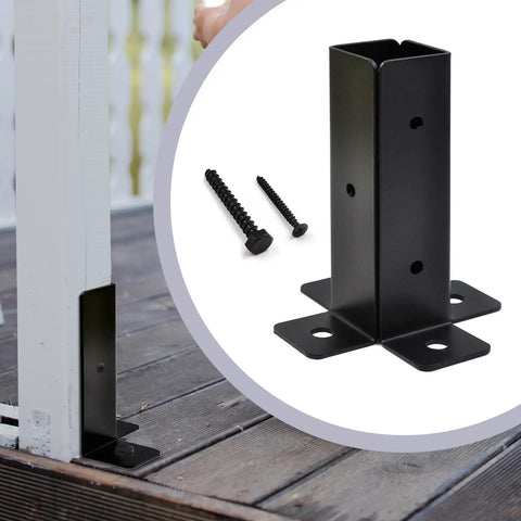 Four Pack Adjustable Half Column Post Base Brackets for 1.5x1.5, 2x2, 2x4, and 4x4 wood posts, shown installed on a deck.