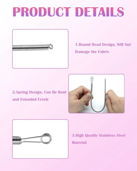Close-up of 4 Pack Spring Drawstring Threader Kit's steel threader head showing round tip and flexibility in use.