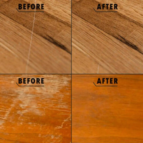 Before and after results using Two Pack Wood Scratch Repair Kit For Furniture, Floors, Tables And Cabinets, Instant Drying Wood Touch Up Set With Light And Dark Color Tones, Easy Blend No Mess, Fast Acting Scratch Remover For Nicks And Discoloration.