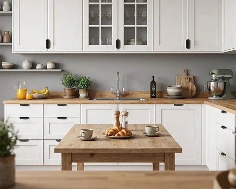 Distinctive Style Black Cabinet Handles Set, 5.9-Inch Aluminum Finger Pulls, visible on white kitchen cabinets.