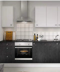 Modern kitchen with Peel And Stick Black Wood Grain Wallpaper For Counters And Cabinets, Self Adhesive Removable Wall Covering.