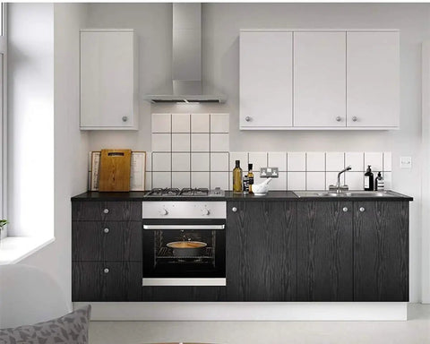 Modern kitchen with Peel And Stick Black Wood Grain Wallpaper For Counters And Cabinets, Self Adhesive Removable Wall Covering.