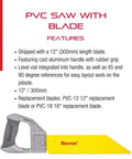 Pro Grade PVC Saw With 12 Inch Blade And Level Vial, Cast Aluminum Handle, Features Description