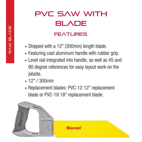 Pro Grade PVC Saw With 12 Inch Blade And Level Vial, Cast Aluminum Handle, Features Description