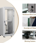 Mobile Soundproof Phone Booth With Soft Led Glow And Built In Usb Ports Compact Acoustic Work Pod showing soundproof glass and hardware locks.