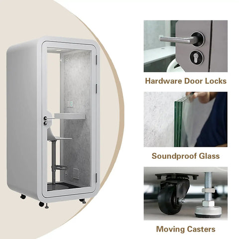 Mobile Soundproof Phone Booth With Soft Led Glow And Built In Usb Ports Compact Acoustic Work Pod showing soundproof glass and hardware locks.