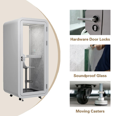 Portable Office Sound Booth With Audio Privacy, Mobile Soundproof Phone Pod with glass door, hardware locks, and rolling casters.
