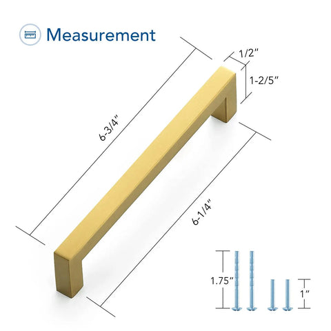 Gold Brushed Brass Cabinet Pulls With Screwdriver Included For Easy Install Six And A Quarter Inch Hole Center Six And Three Quarters Inch Overall Length Half Inch Wide Twenty Five Pack Slick Kitchen Cabinet Handles with measurement diagram.