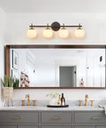 4 Light Vanity Fixture In Black Gold Finish With Milky Frosted Glass Shades, Dope Modern Globe Over Mirror Lighting With G9 Socket