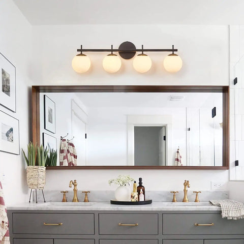4 Light Vanity Fixture In Black Gold Finish With Milky Frosted Glass Shades, Dope Modern Globe Over Mirror Lighting With G9 Socket