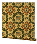 Distressed Tiles Gold Metallic Wallpaper Fibrous Texture Adds High End Glam To Any Room with intricate floral patterns and rich colors.