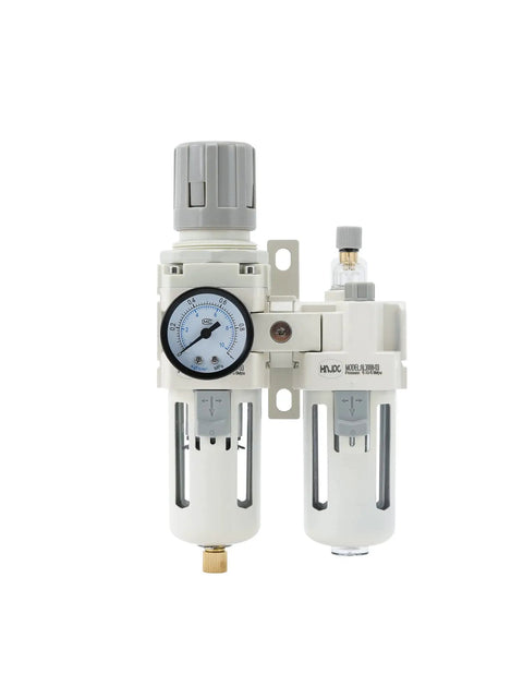 Front view of All-In-One Three Eighths Inch Compressed Air Filter Regulator Lubricator Combo with gauge, Model AC3010-03 NPT