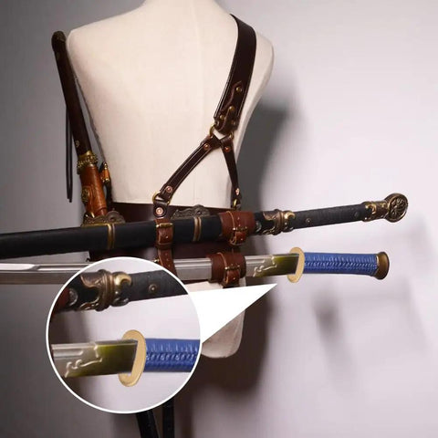 Two Piece Brass Seppa Spacers Set for Japanese Samurai Swords in use on mounted katanas showing gold finish washers detail