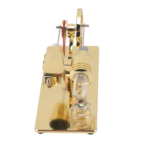 LED Powered Stirling Engine Model With Flywheel Light Up Demonstration For Science Projects Power Generator Educational Toy For Kids And Adults Aluminum Alloy Glass Gold Finish, gold tabletop view