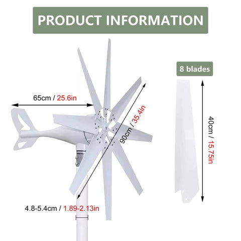 High Output Wind Turbine Kit With Eight Blades And Solar Wind Hybrid Controller For Home Energy, dimensions shown