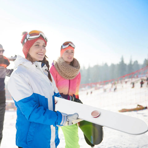 Rustic White Wooden Ski Shot Board Set For Four Players Pub Trivia Drinking Game With Fifty Marked Cups And Included Marking Pen outdoors in snow.