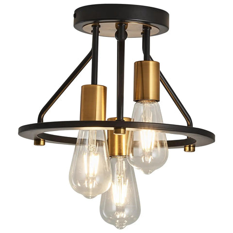 Industrial Semi Flush Mount Ceiling Light Fixture Three Light Dope Matte Black And Gold Chandelier E26 Farmhouse Ceiling Lamp