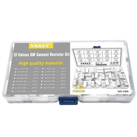 75 Piece 5W Ceramic Cement Resistor Kit With Axial Leads in plastic case, values and sizes visible, ideal for DIY electronics projects