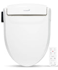 Slick Smart Bidet Toilet Seat With Heated Seat And Warm Water Spray Plus Air Dryer Remote Control in white elongated shape.