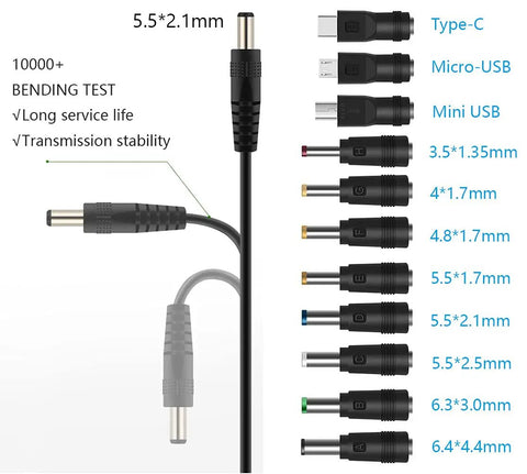 Badass 12V Car Charger With DC Power Cord And Eleven Swappable Plugs For GPS Camera Bluetooth Speaker Shaver Fan And Vehicle Gadgets Hella Versatile Universal Adapter For Any Ride You Own, showcasing various DC plug sizes.