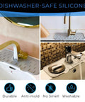 2 Pack Silicone Faucet Handle Drip Catcher Tray Mat For Kitchen And Bathroom Sinks Splash Guard Dish Soap Sponge Holder Easy Install Gray No Slip Drip Tray Keeps Counters Dry And Clean displayed in sinks.