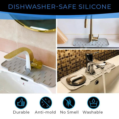 2 Pack Silicone Faucet Handle Drip Catcher Tray Mat For Kitchen And Bathroom Sinks Splash Guard Dish Soap Sponge Holder Easy Install Gray No Slip Drip Tray Keeps Counters Dry And Clean displayed in sinks.