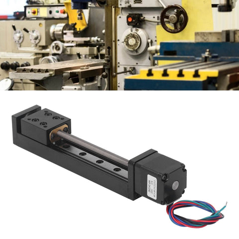 Rock Solid Manual Linear Rail Slide Table With 100mm Stroke And 28 Stepper, Ideal Linear Stage For CNC Router Parts X Y Z Motion, Rugged Guide Rail System Delivers Quiet, Precise Movement, black metal slide with stepper motor and wires