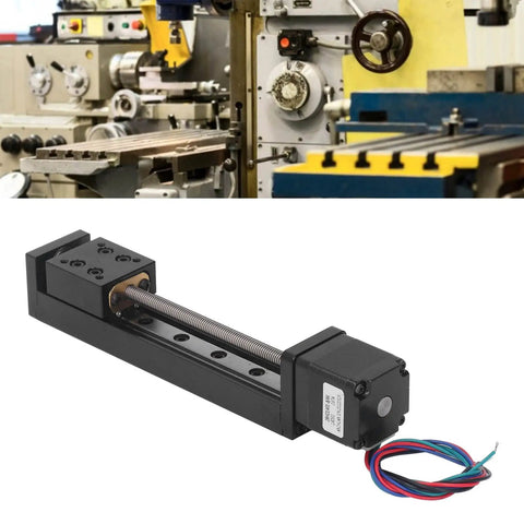 Built Legit 100 Mm Stroke Slide Table Single Rail Linear Stage Stepper Motor Driven X Y Z Axis Platform showing heavy-duty steel chassis and wiring.