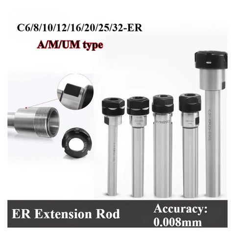 Rugged CNC Collet Chuck Extension Bar For Ridiculously Smooth Milling And Turning Operations That Knocks Out Vibration While Delivering Slick Surface Finishes On Every Machine Shop Setup, five ER extension rods in various lengths, high-precision steel construction.