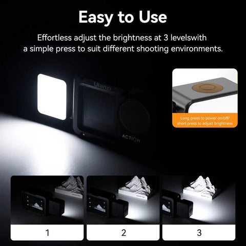 Dope Mini LED Vlogging Light for Action Cameras with 12 LEDs, magnetic mount, 3 brightness levels shown on camera mount.