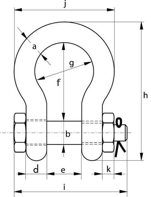 Diagram of Beefy Heavy Duty Bow Shackle With Safety Bolt 120 Ton WLL Grade 8 High Tensile Steel for lifting and towing applications.