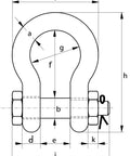 Technical drawing of Heavy Duty Bow Shackles With Safety Bolt G-5263 150 Ton WLL Grade 8 High Tensile Steel Hot Dip Galvanized