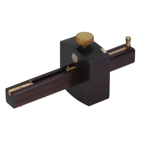 Heavy Duty Top Shelf 8 Inch Adjustable Marking Gauge Featuring Slick Triple Needle Scribe For Tight Layouts And Gotta Have Woodworking Carpentry Projects Now, showing brass and ebony design.