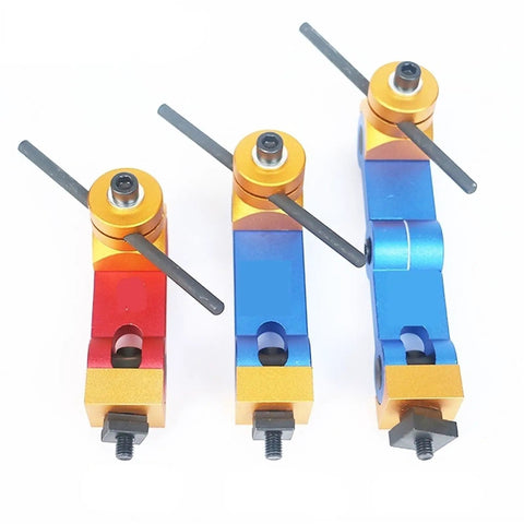 Universal Adjustable Mill Workpiece Stop Positioner Dead Nuts Precise Lathe Milling Locator Tool in red, blue, and gold finishes.