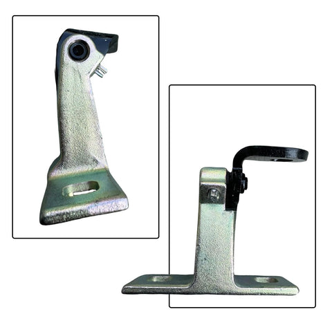 Automotive rear upper left door hinge, two-piece zinc-plated metal assembly for car door.