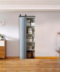 Bi Fold Barn Door Hardware Kit For Two Doors In Matte Black Flat Rail Top Mount Rollers 18 Inch Panel Fit shown in room